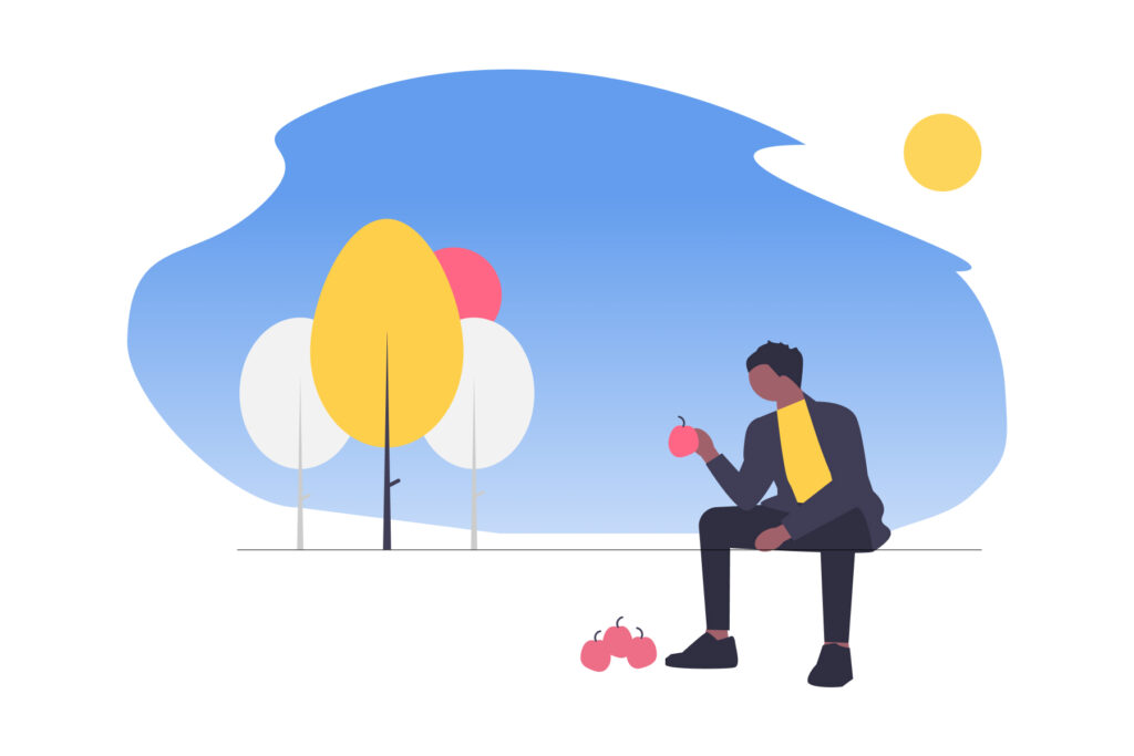 Digital drawing of a man sitting holding an apple next to trees with a blue background