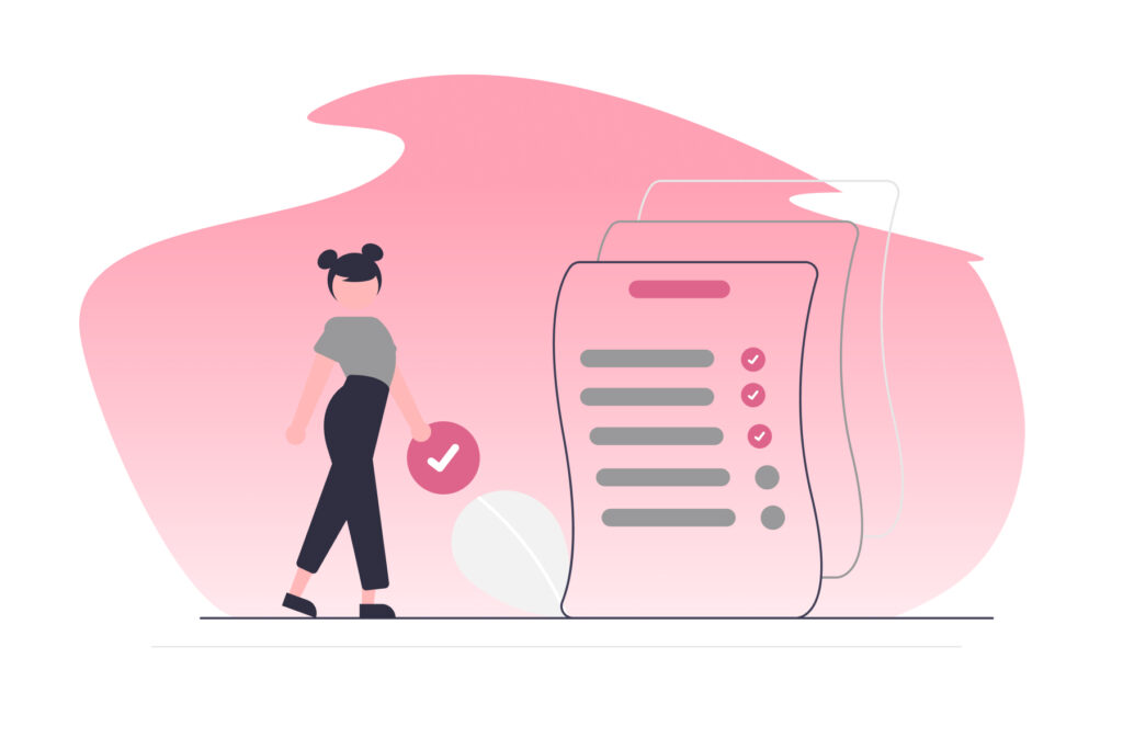 Digital drawing of a woman holding a checkmark next to a list on a pink background