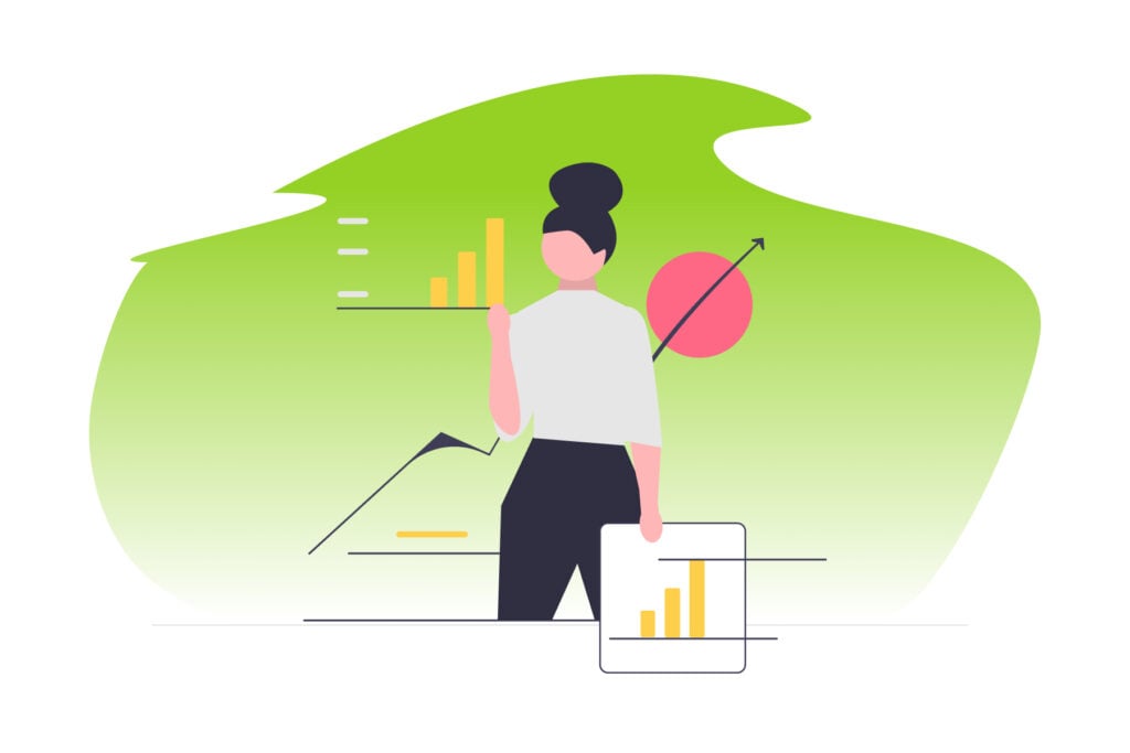 Digital drawing of a woman surrounded by data analytics graphs on a green background