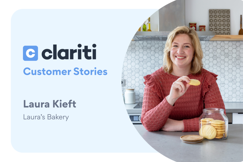 Picture of Laura Kieft from Laura's Bakery with text "Clariti Customer Stories, Laura Kieft"