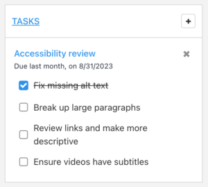List of tasks for an accessibility review project with the first task checked off.