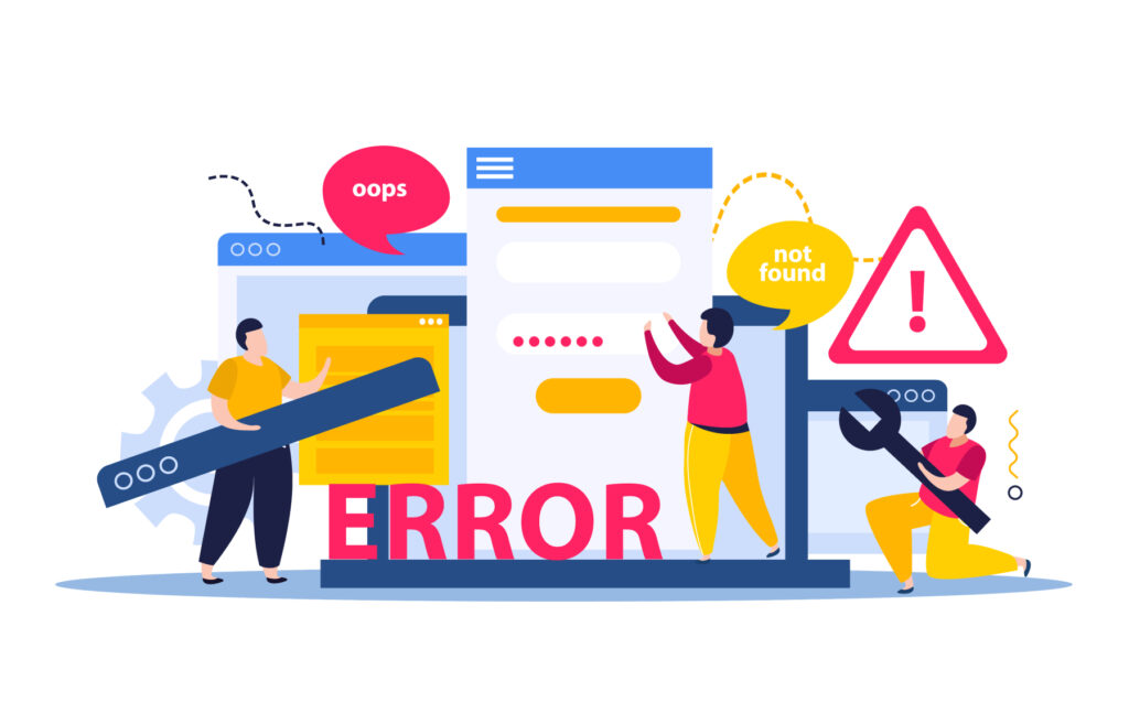 Illustration of people in front of website screens working on an error message for broken links