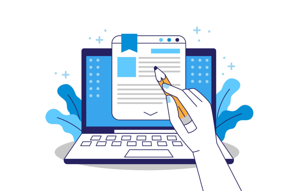 Illustration of a laptop with a blue screen and a hand in front of it holding a pencil