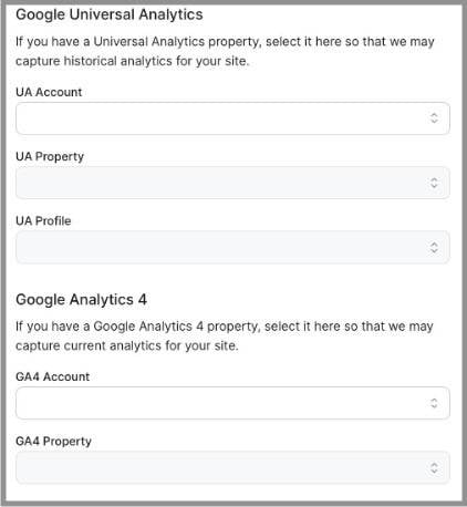 Clariti settings page after user connects their Google account. User can now select their UA and GA4 properties.