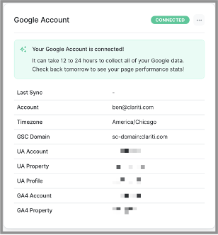 Clariti settings page after a user has successfully completed connecting their Google account.