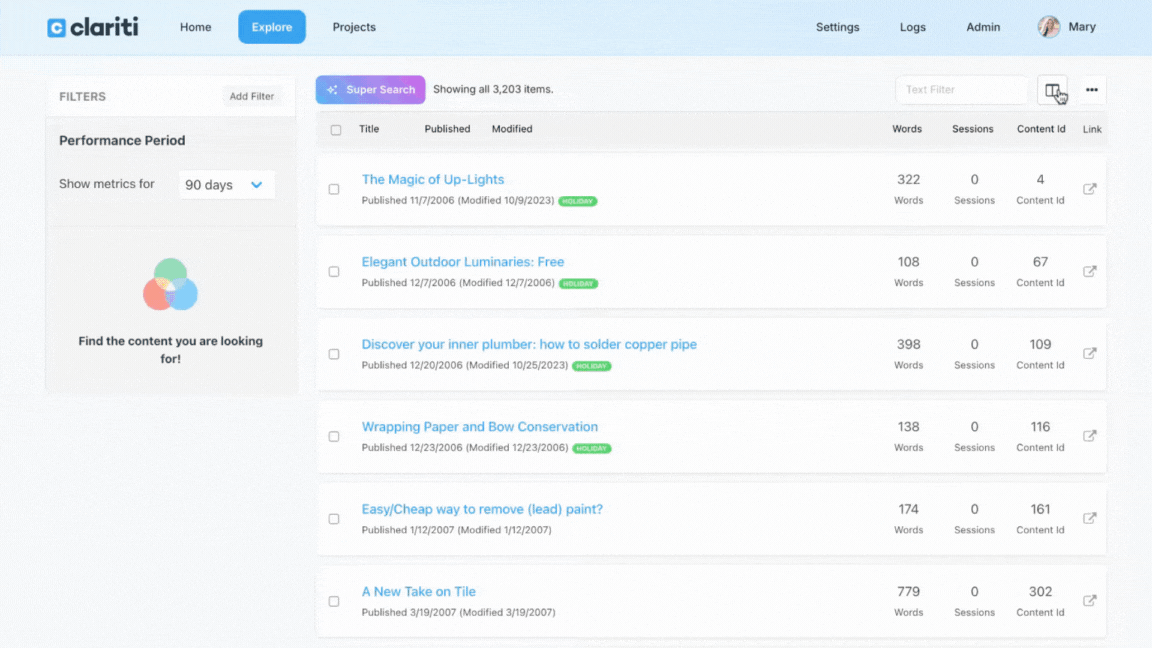 In Explore, add the Views % Change column (pulled from GA).