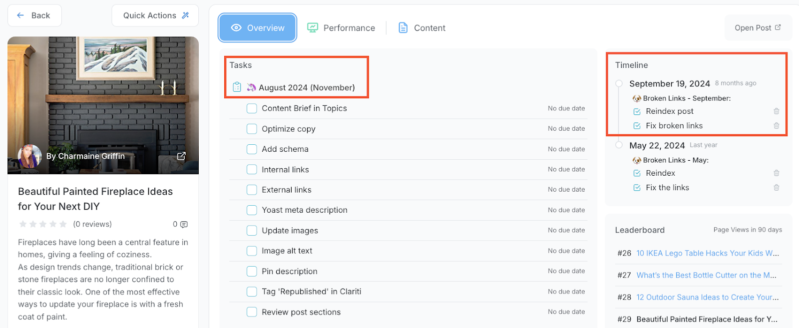 Each time you complete a task, Clariti drops a timeline annotation onto that post’s performance graph.