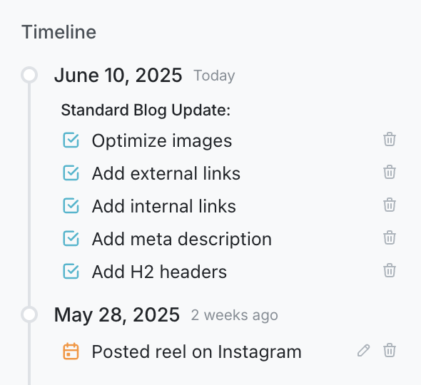 Timeline listing notes and completed project tasks