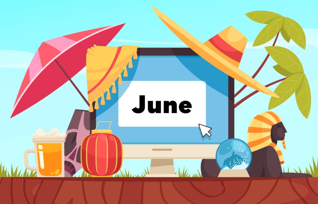 Computer monitor that says "June" on it with summer items surrounding it