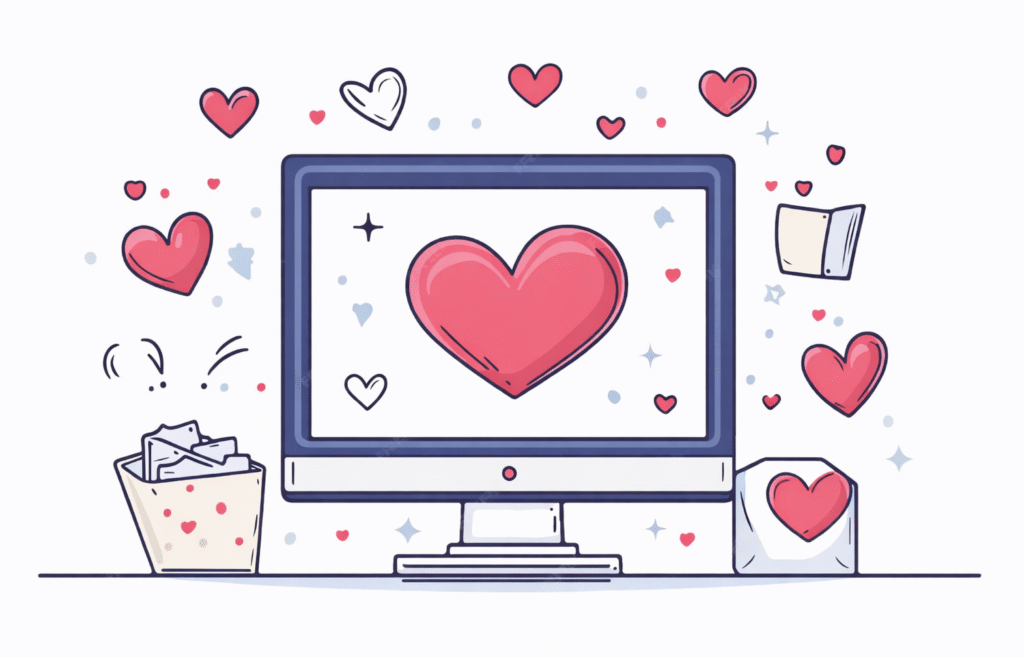 Computer screen with hearts around it.
