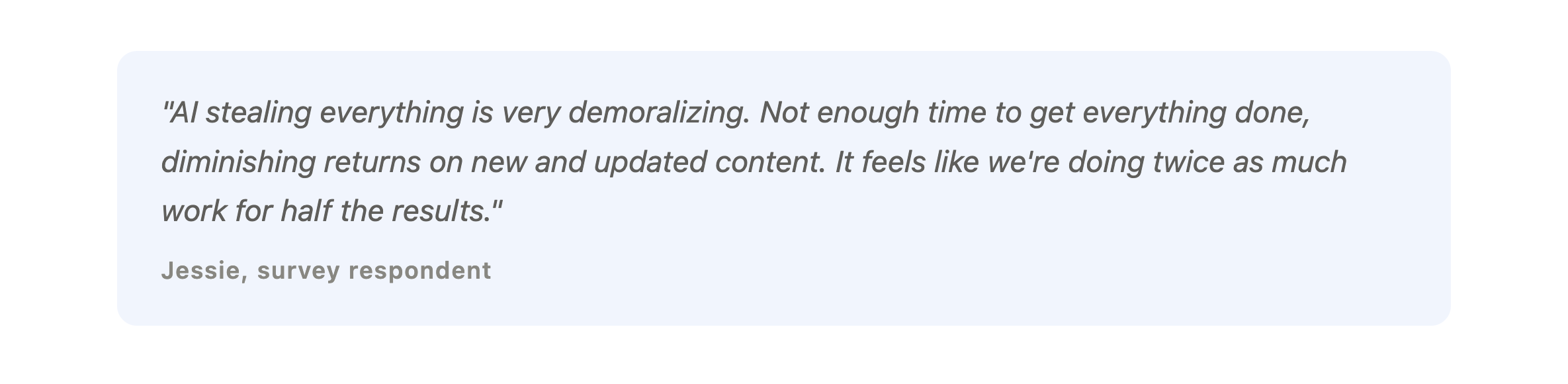 "AI stealing everything is very demoralizing. Not enough time to get everything done, diminishing returns on new and updated content. It feels like we're doing twice as much work for half the results."
Jessie, survey respondent