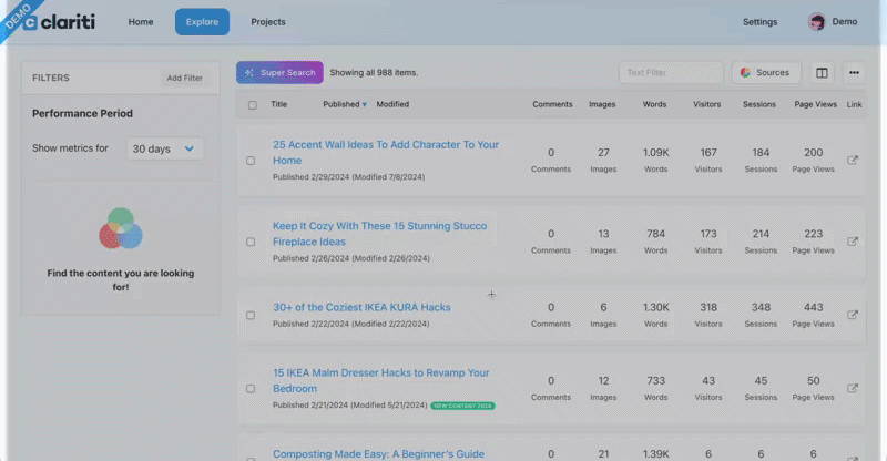Selecting a traffic source in Clariti's Explore page, which automatically populates source page views, source percentage of total, and total views columns for every post in the library.