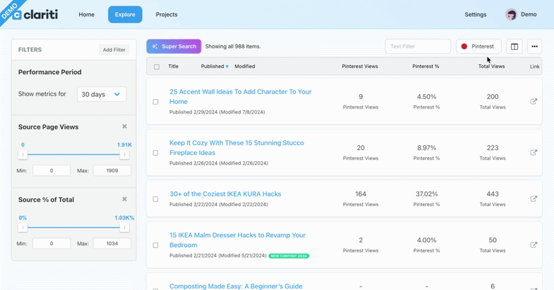 Clicking a column header in Clariti's Explore page to sort posts by traffic source performance, toggling between highest and lowest to surface top performers and untapped opportunities.