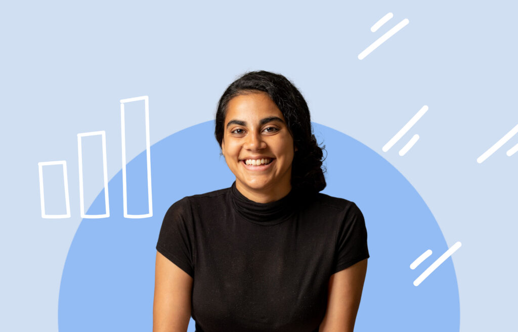 Karishma Pradhan of Home Cooking Collective smiling, with a bar chart graphic on a blue background.