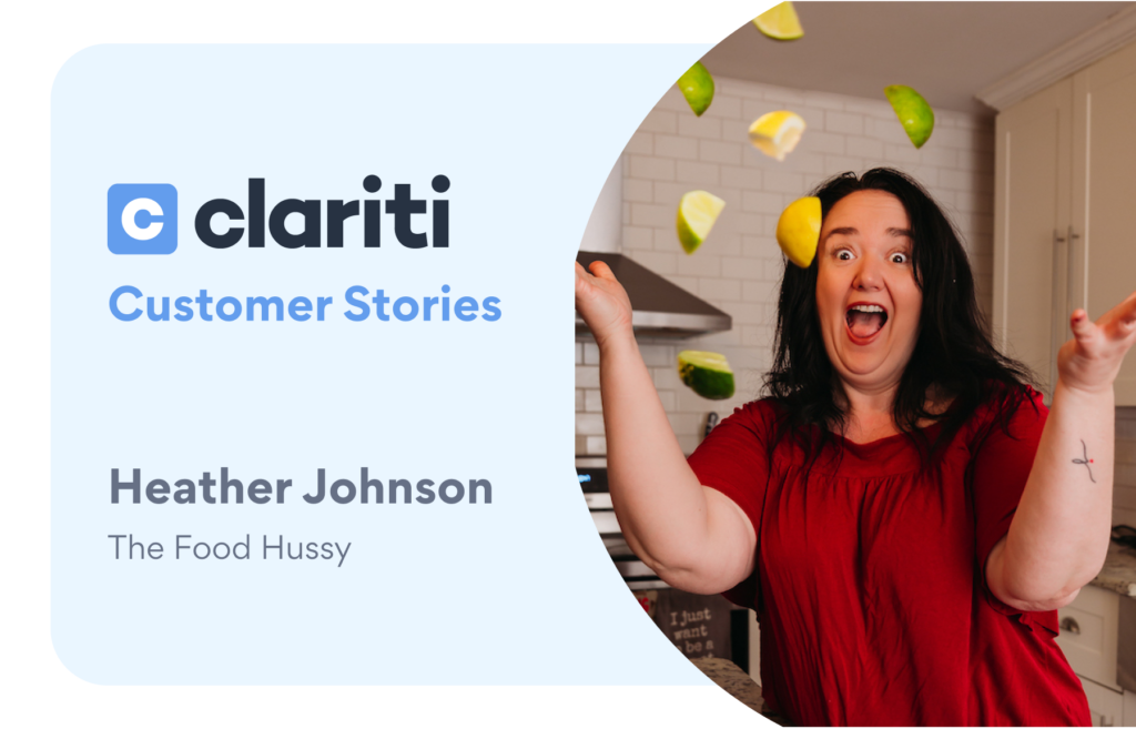 Clariti Customer Stories graphic featuring Heather Johnson of The Food Hussy, shown laughing in her kitchen as citrus wedges (lemon and lime slices) are tossed in the air around her. She's wearing a red top, with the Clariti logo and 'Customer Stories' heading on the left side of the image.