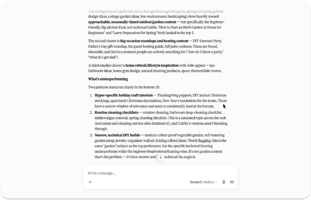 AI response using the Clariti MCP lists strongest and weakest content over an 18-month period.