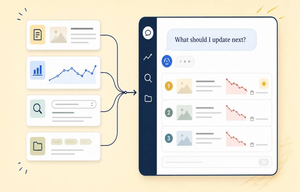 Connected content, analytics, search, and organization data flow into an AI conversation that prioritizes three posts to update.