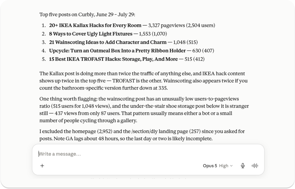 AI response using the Clariti MCP lists Curbly’s five top posts from June 29 to July 29 and highlights performance patterns in the results.