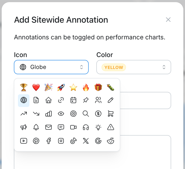 Sitewide annotation form with an open icon picker displaying emoji, general-purpose, and social media icons.
