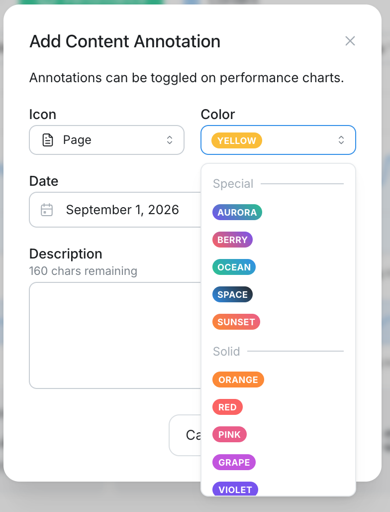 Add Content Annotation form with the color menu open, showing gradient and solid color options.