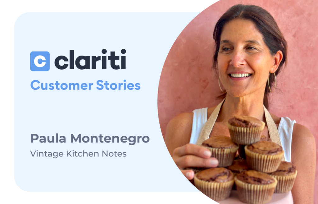 Clariti Customer Stories graphic featuring Paula Montenegro of Vintage Kitchen Notes, smiling in an apron as she holds a stack of muffins against a pink wall.
